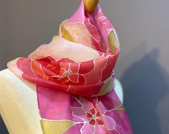 Flower themed beautiful hand painted silk scarf. Wearable art, painted in the South of France. Great gift idea!