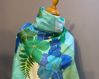 Hand painted blue and green silk scarf, detailed flower design. The perfect gift for someone special, made in France