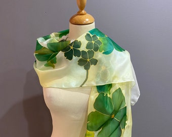 Floral green silk scarf, fully hand painted in the South of France. A unique piece of wearable art, the perfect gift!