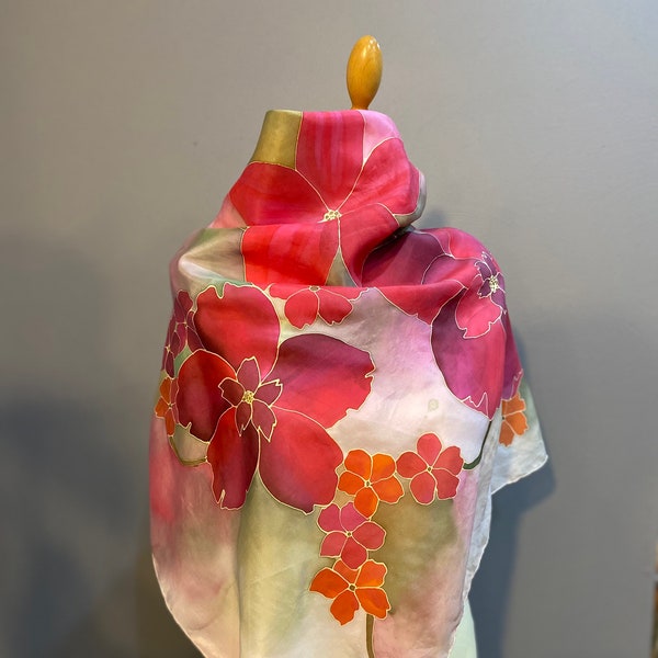 Hand painted floral pink and purple scarf, a unique and original gift for her, hand painted in Grasse, South of France