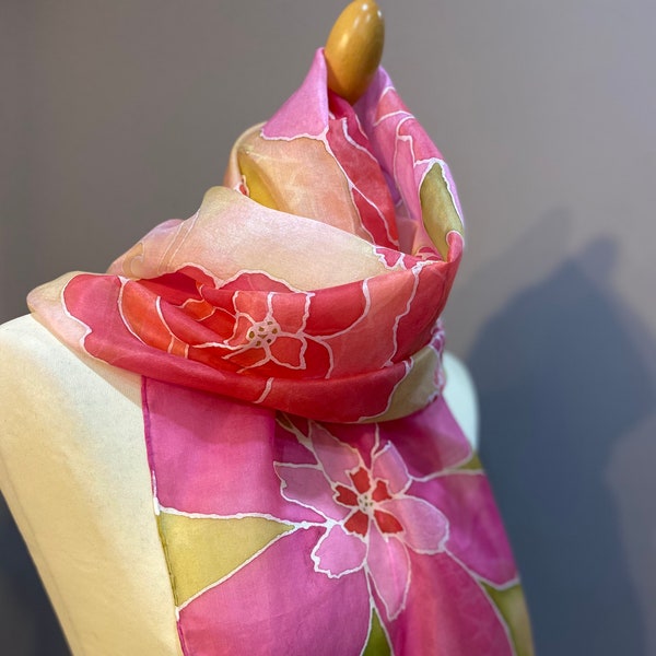 Flower themed beautiful hand painted silk scarf. Wearable art, painted in the South of France. Great gift idea!