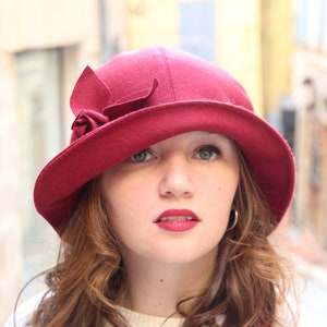 Burgundy Cloche Hat With Asymmetric 