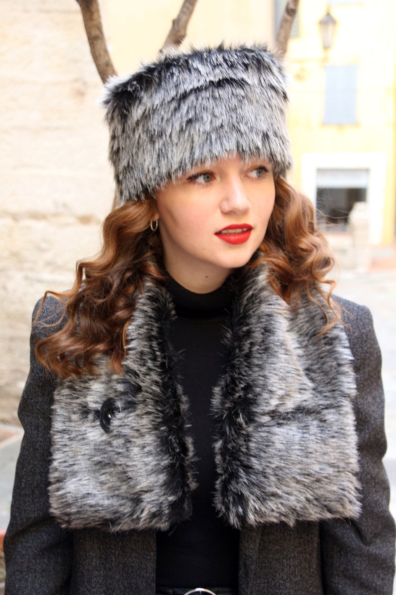 Faux Fur Hat and Scarf Set Black and Gray Fake Fur Hat Scarf - Etsy