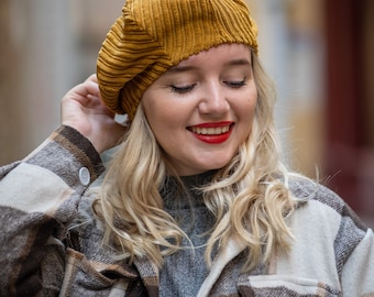 Slouchy mustard corduroy french beret hat. Handmade in France.