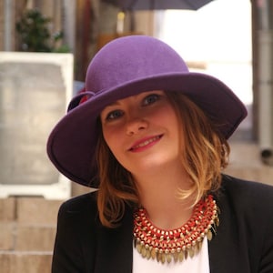 Unique womans purple wide brim wool felt hat. French millinery hat. Unique hat. Purple wide brim felt hat. Floppy wide brim hat