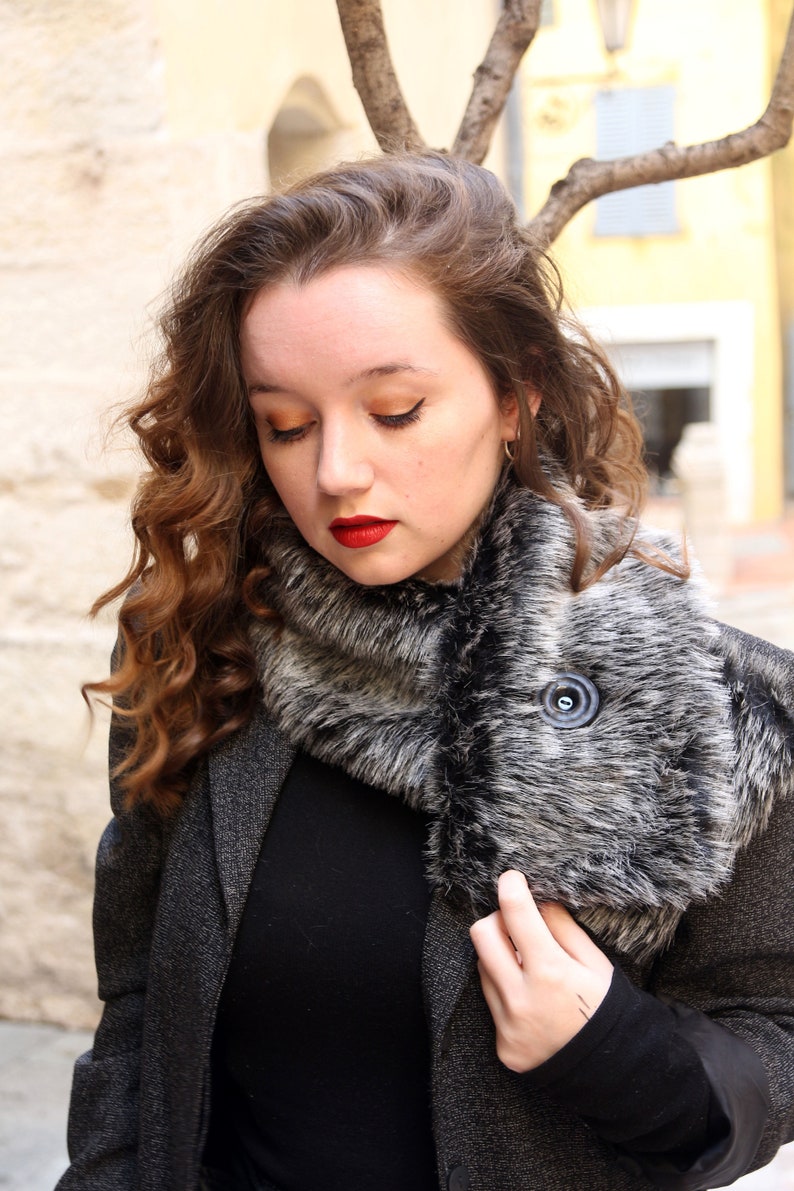 Faux Fur Hat and Scarf Set Black and Gray Fake Fur Hat Scarf Etsy