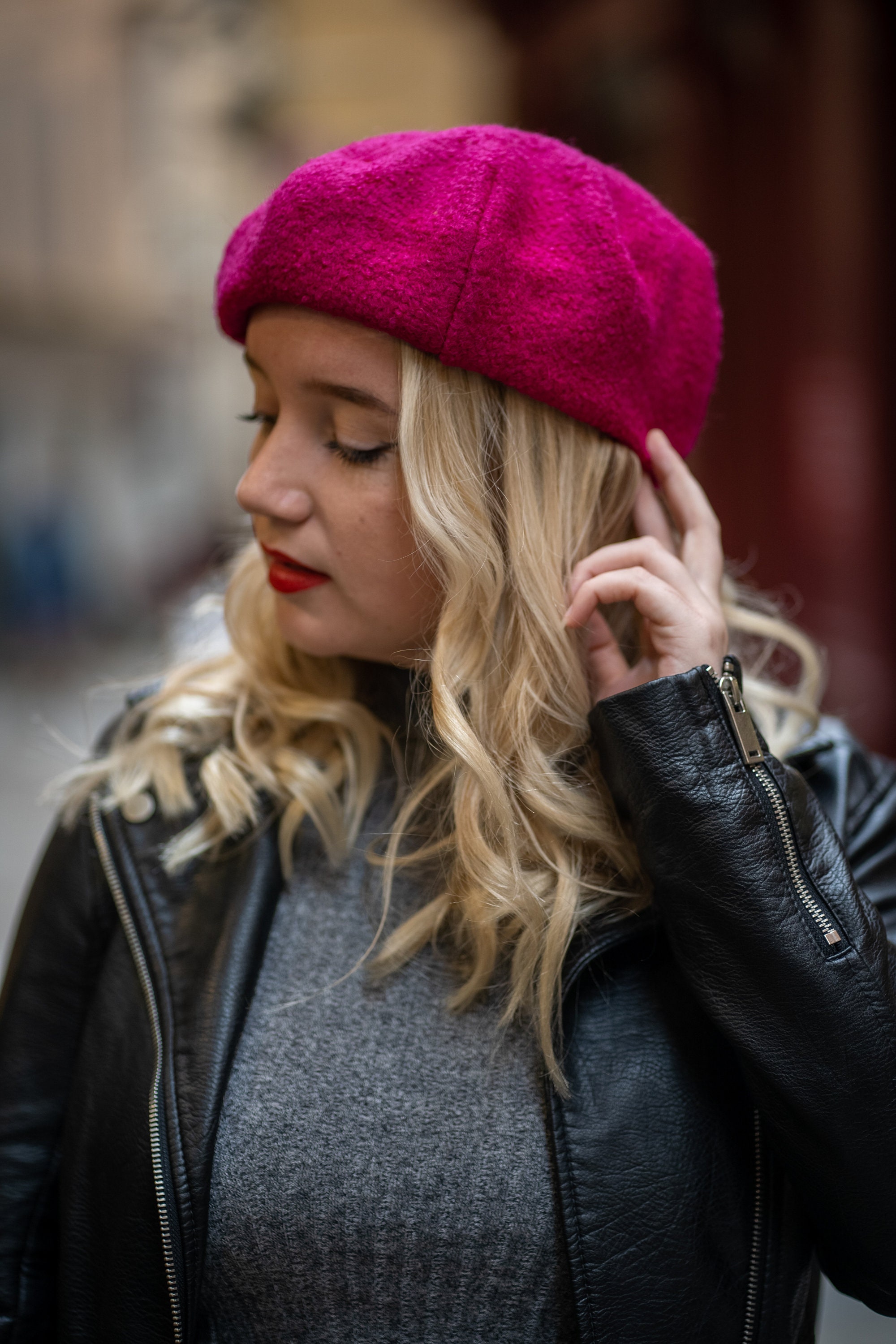 5774 2 Layers Wool Cute Pink Beret Hat Women Barette French Winter Warm Wool French Beret - Cherry main image 2