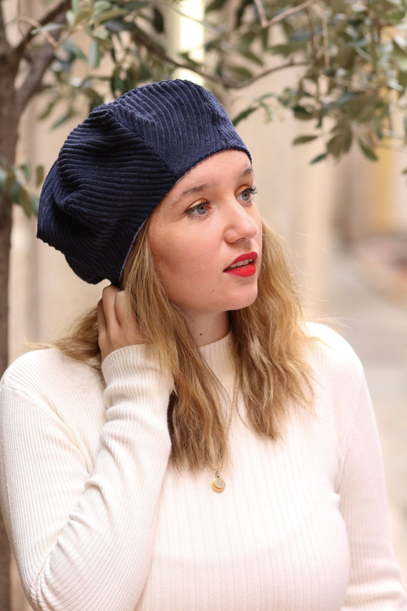 Navy Blue Corduroy Beret Hat for Women 
