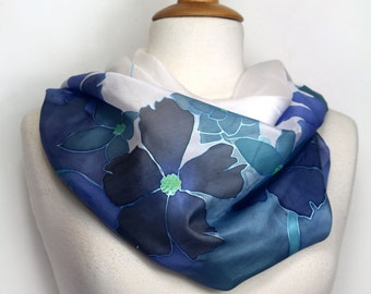 Silk scarf. Hand painted silk scarf. Blue floral silk scarf. Wearable art. Special womans gift. Hand painted to order in France. Silk art.