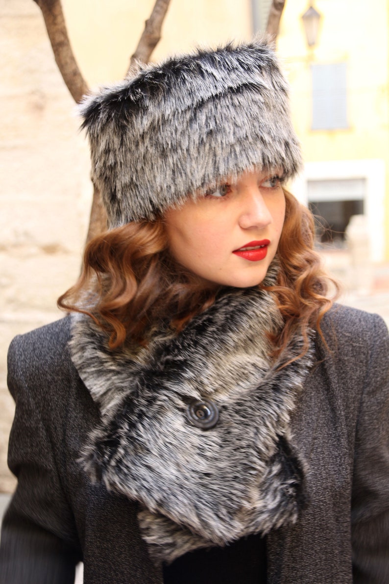 Faux Fur Hat and Scarf Set Black and Gray Fake Fur Hat Scarf Etsy