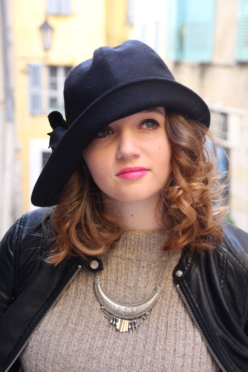 Black Boiled Wool Cloche Hat: Handmade Angular Brim Winter Hat - Etsy