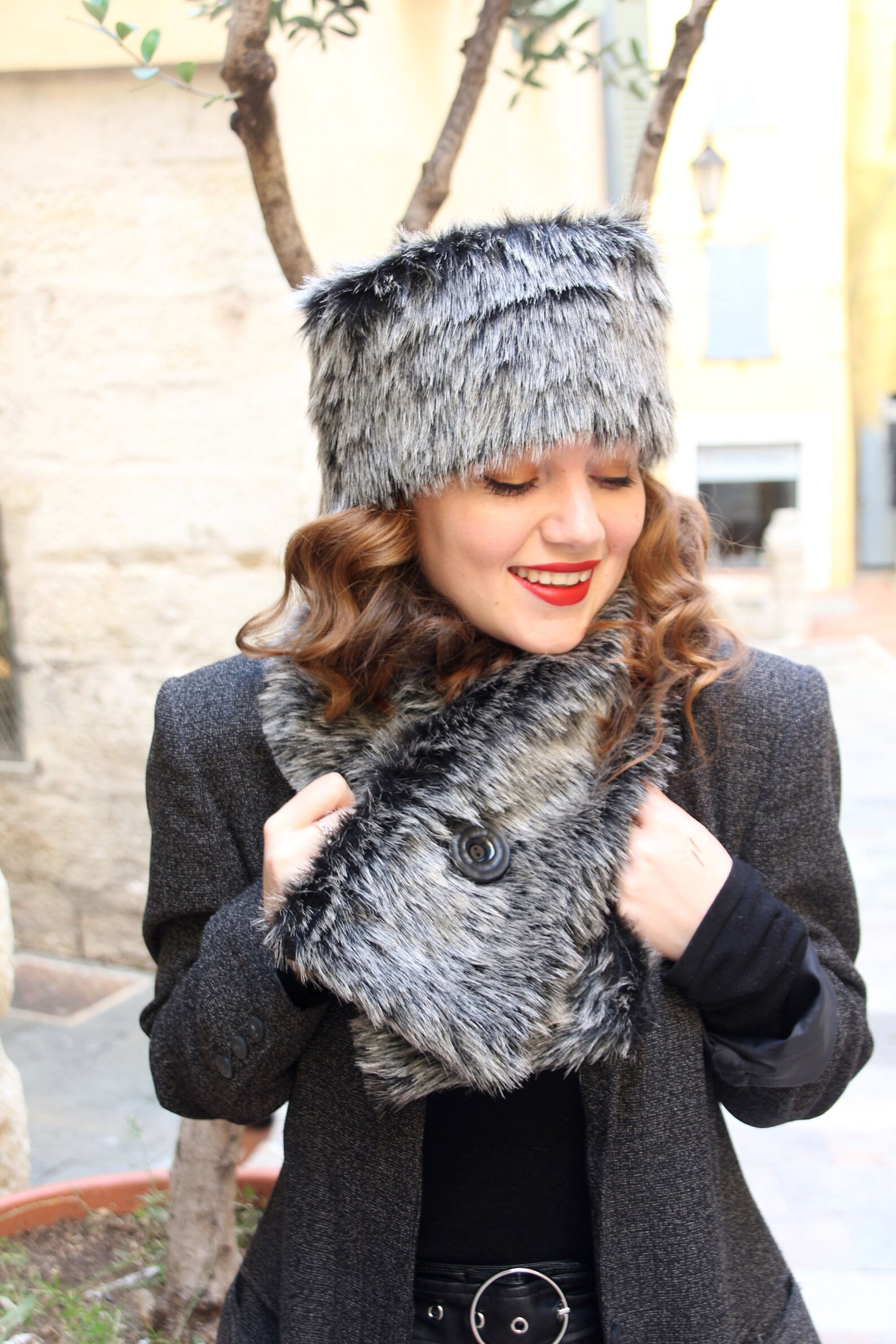 Faux Fur Hat and Scarf Set Black and Gray Fake Fur Hat Scarf Etsy