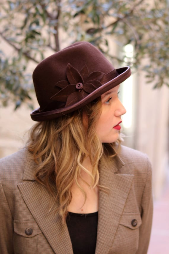 Brown Trilby Hat for Women Handmade Short Brim Felt Hat With