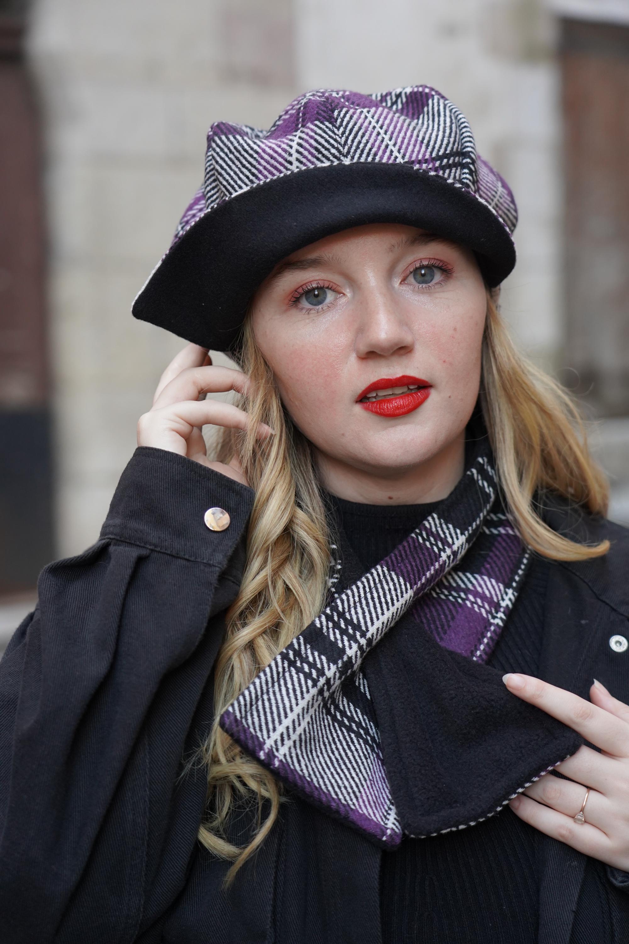 Plaid Wool Newsboy Cap in Purple and Gray with Yellow Accents The Violet Rose Plaid Peaky Boston Scally Cap (Flat Cap  main image 2