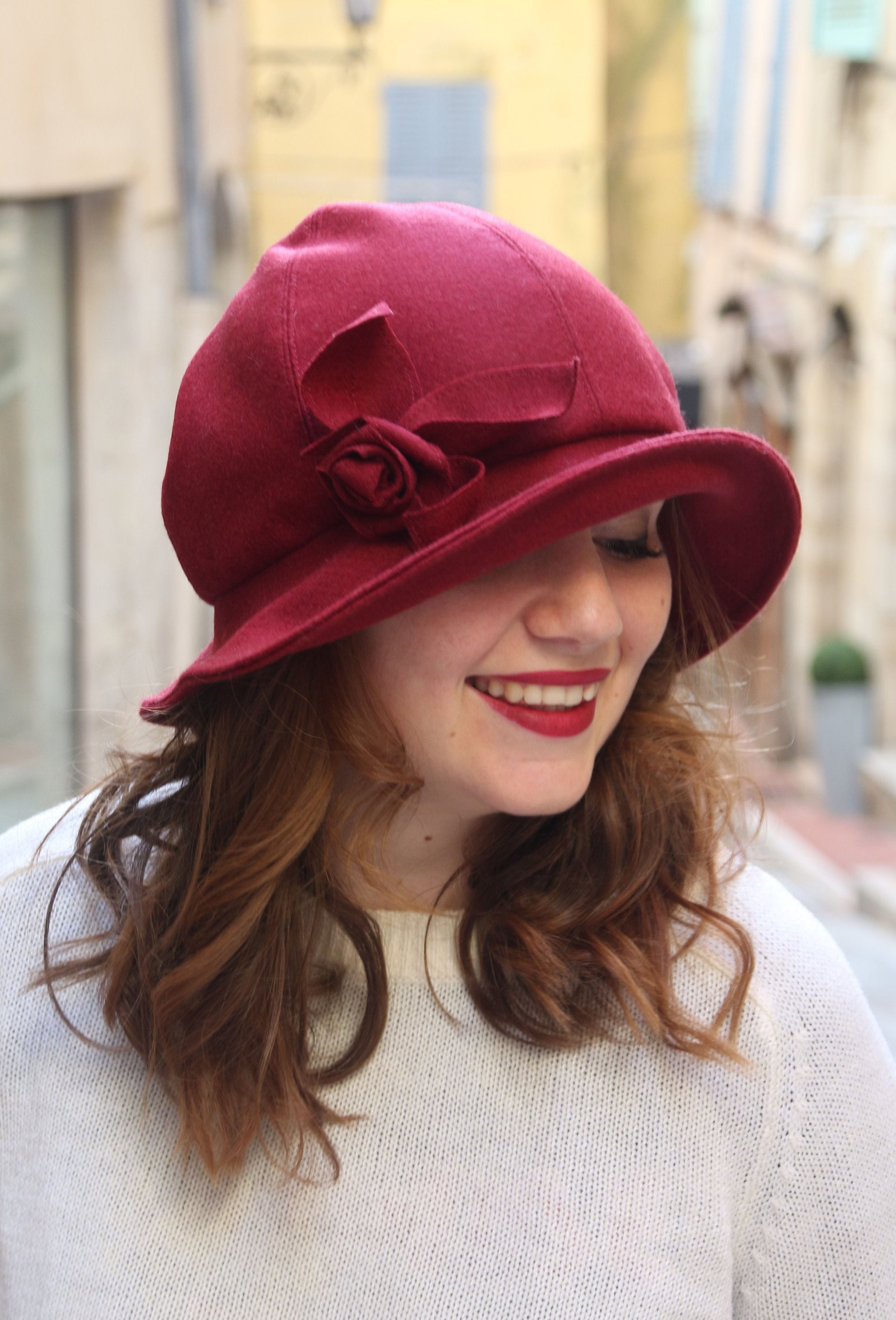 Burgundy Cloche Hat With Asymmetric 