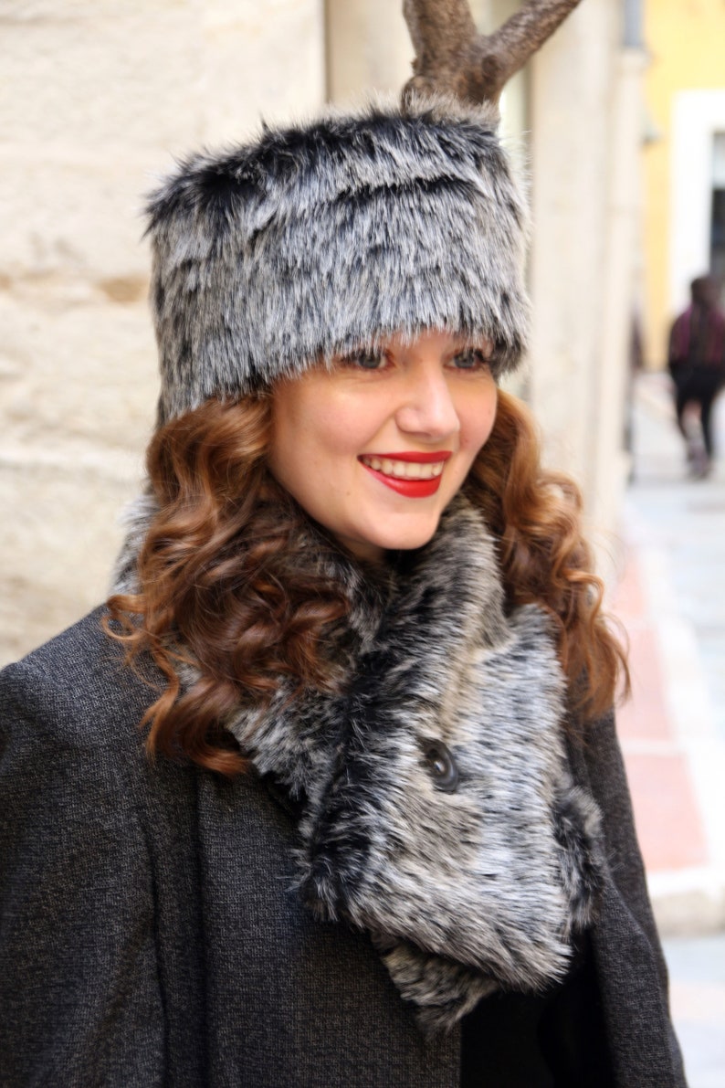 Faux Fur Hat and Scarf Set Black and Gray Fake Fur Hat Scarf Etsy