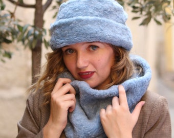 Pale blue faux fur fabric hat and scarf set. Soft fake lambs wool beanie hat and scarf combo. Warm winter hat set.