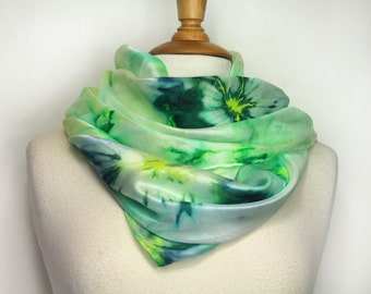 Hand painted silk scarf. Green abstract silk scarf. Silk foulard. Wearable art hand painted to order