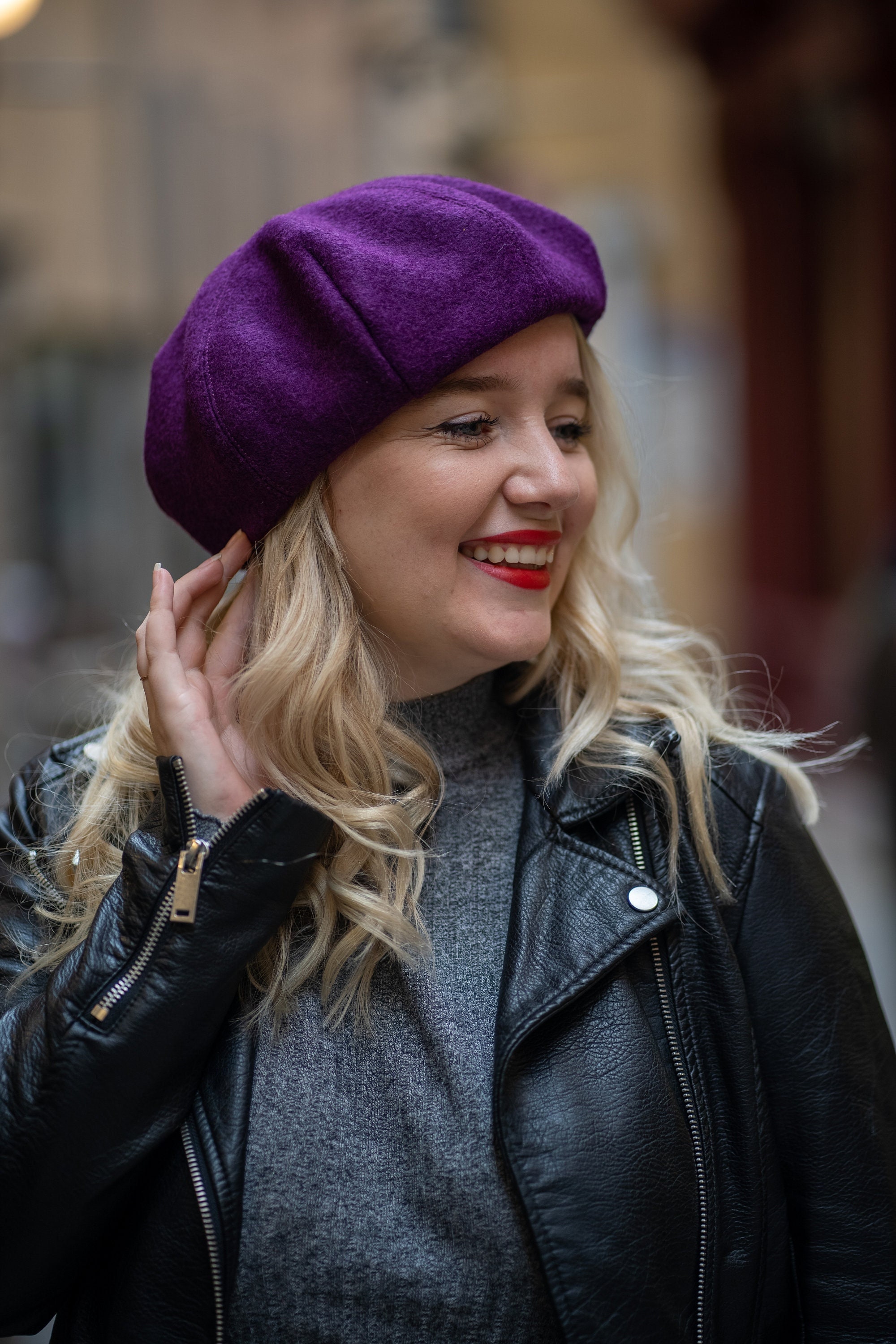 9476 Purple Rhinestone Beret For Winter Warm Hat Women 2 Layers Wool French LADYBRO Rhinestone Beret Hat for Women - 2 Layer Wool French  main image 2