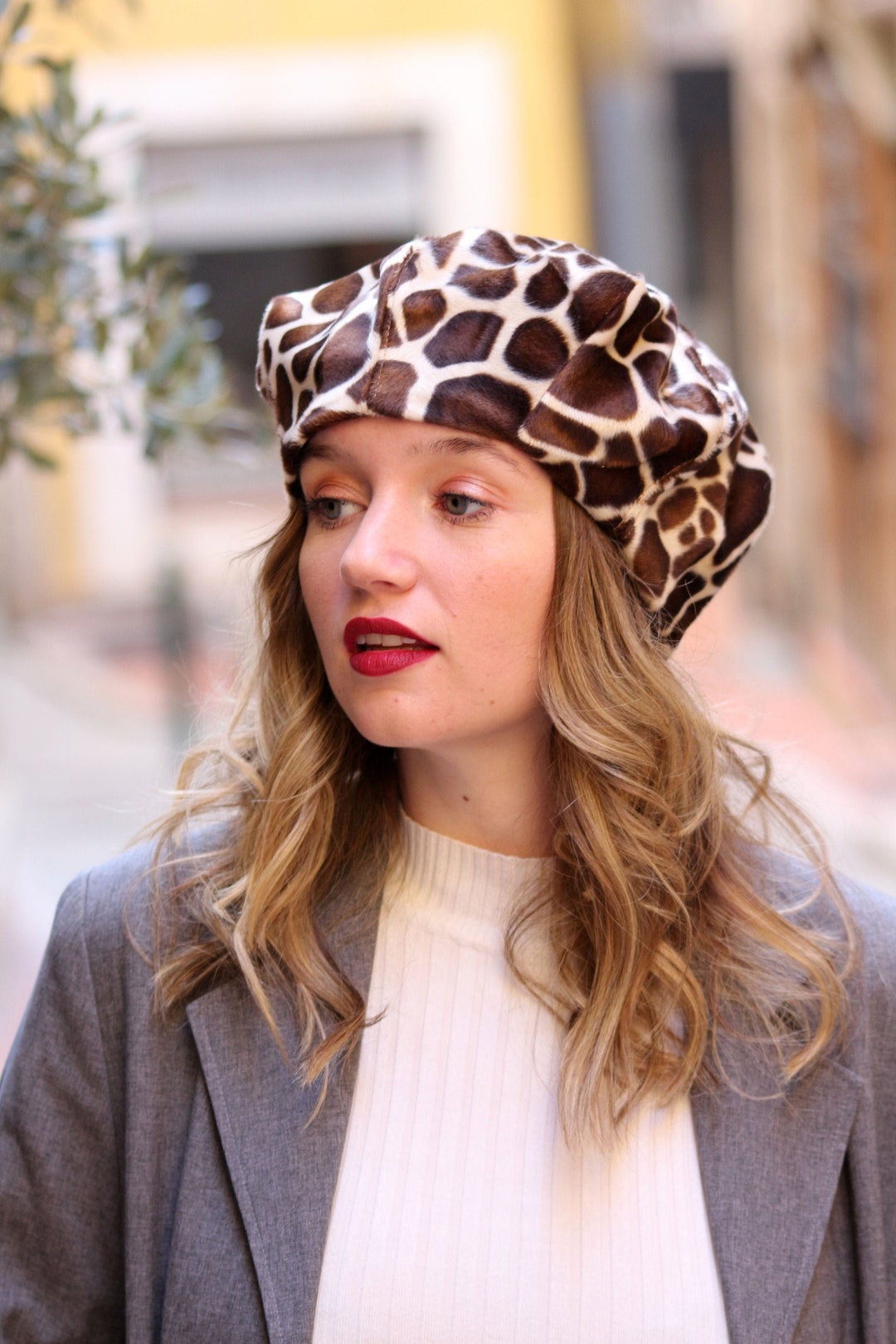Giraffe Print Fabric Hat, French Beret Handmade in France, Trendy