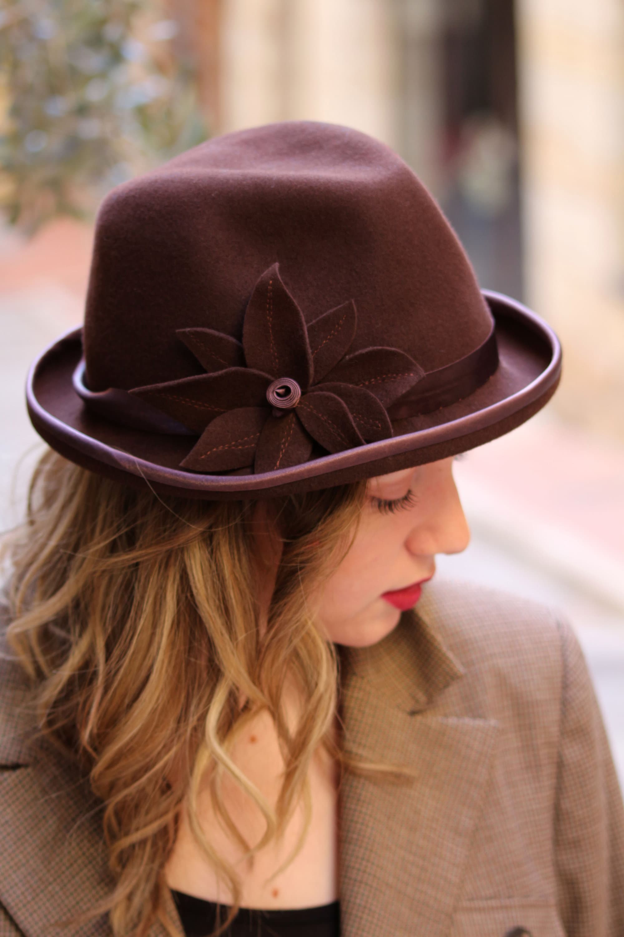 Brown Wool Felt Trilby Hat With Handmade Flower - Etsy display picture 2