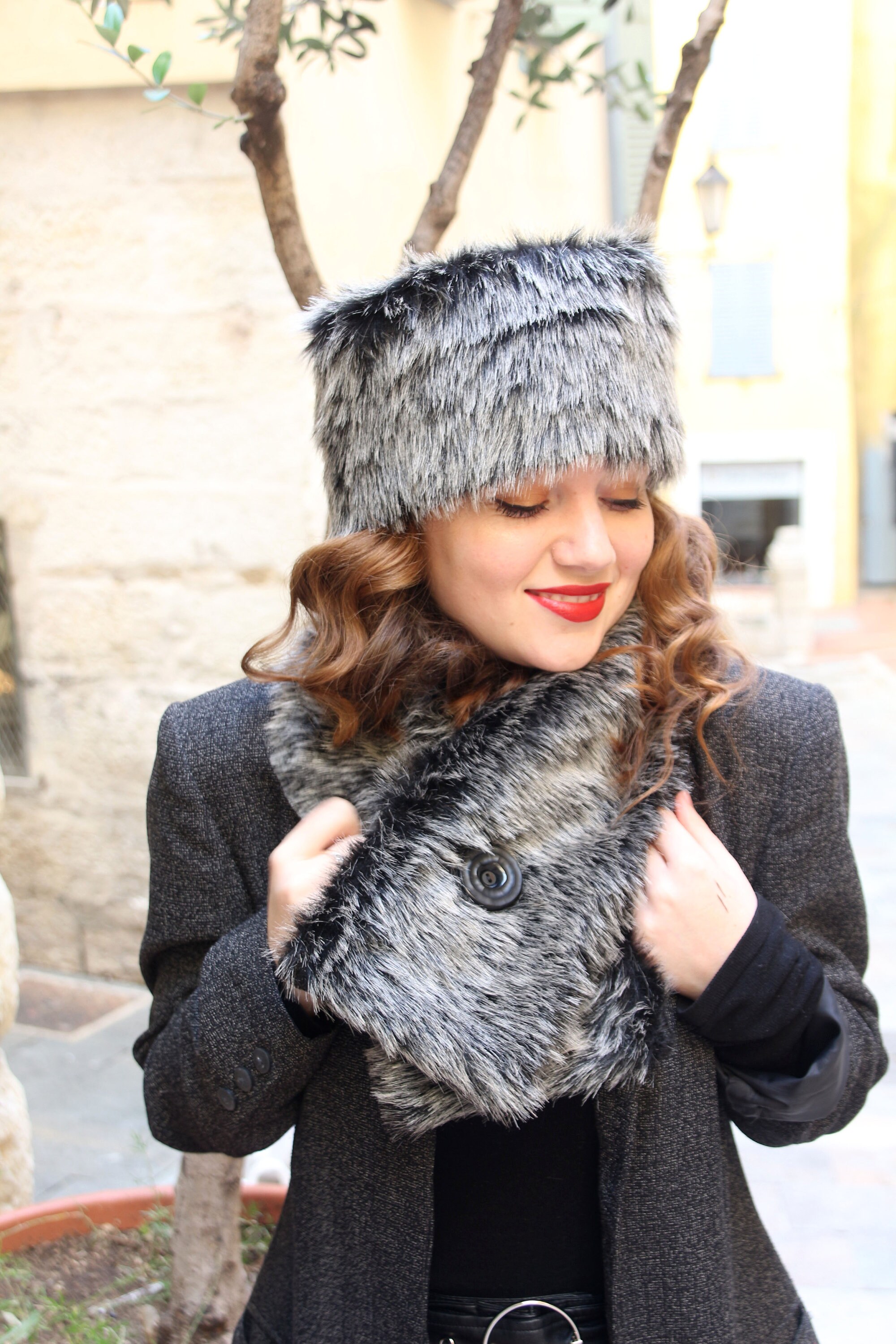 Faux Fur Hat and Scarf Set Black and 