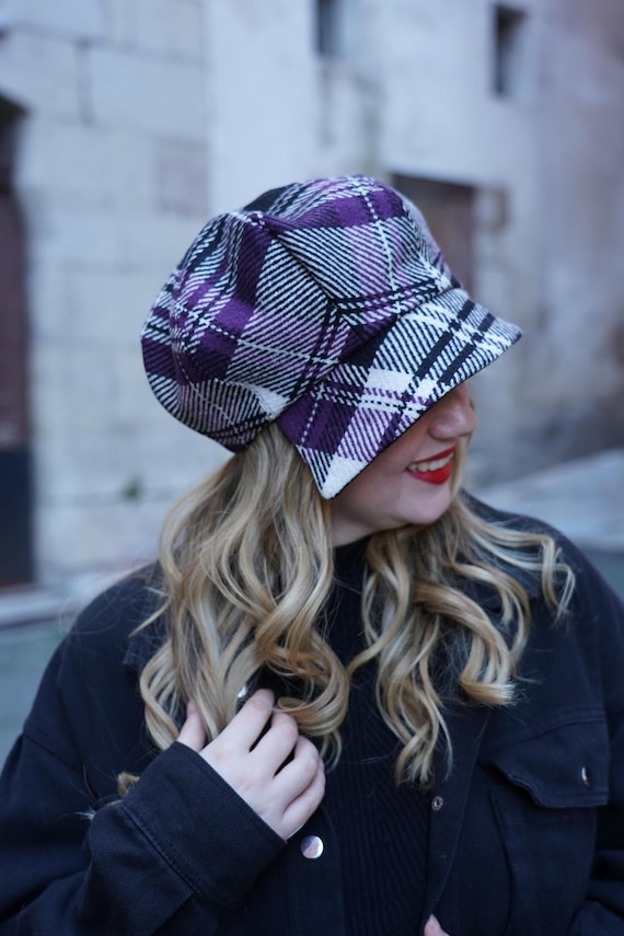 Plaid Wool Newsboy Cap in Purple and Gray with Yellow Accents Custom Handmade Plaid Cotton Seersucker Flat Jeff Cap for  main image 2