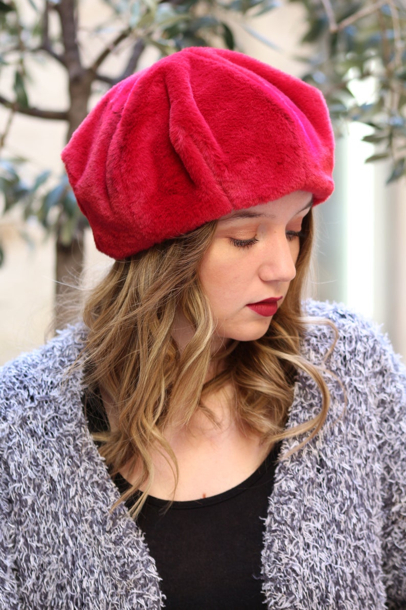 Red Fake Fur Fabric Hat. Red French Beret Hat Handmade in Etsy
