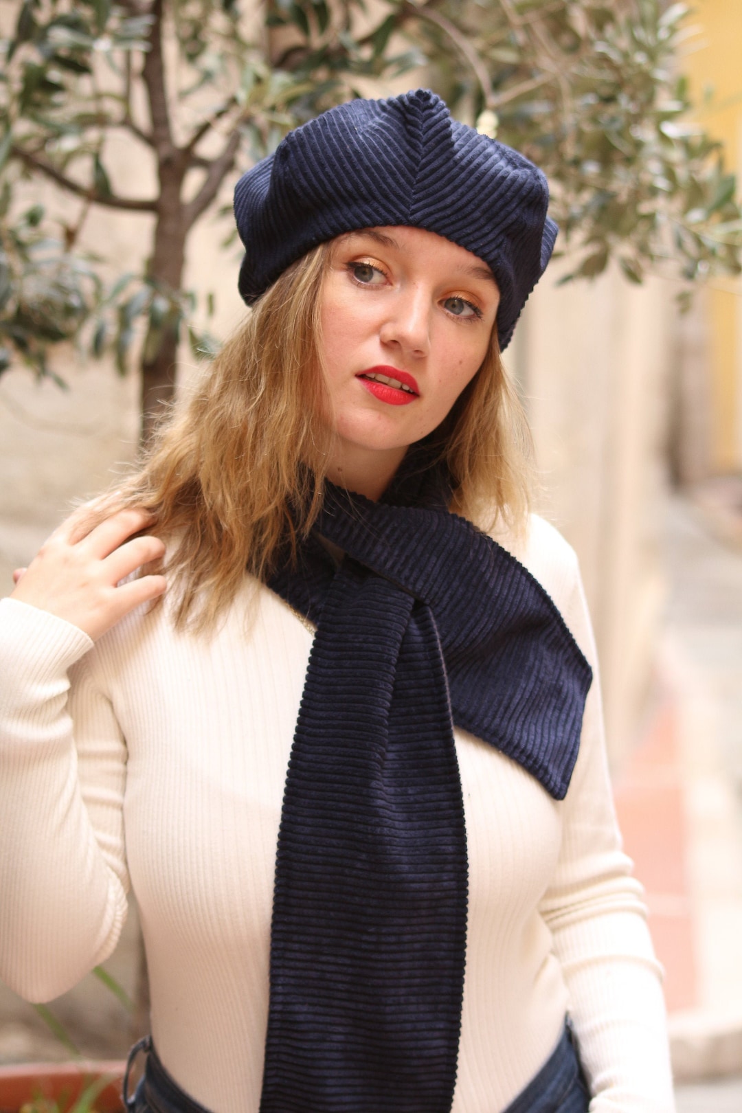 Navy Blue Hat and Scarf Set, Unique Corduroy Beret and Scarf Combo