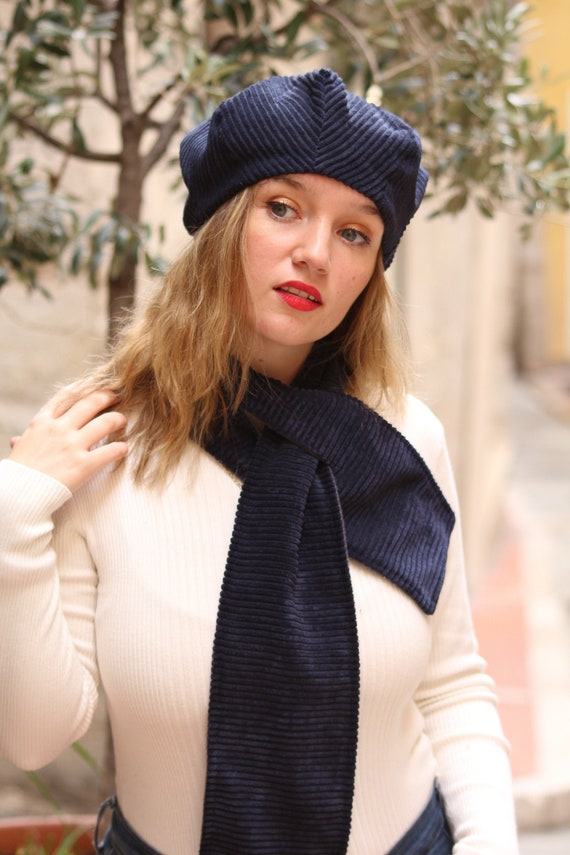 Navy Blue Hat and Scarf Set Unique Corduroy Beret and Scarf Etsy