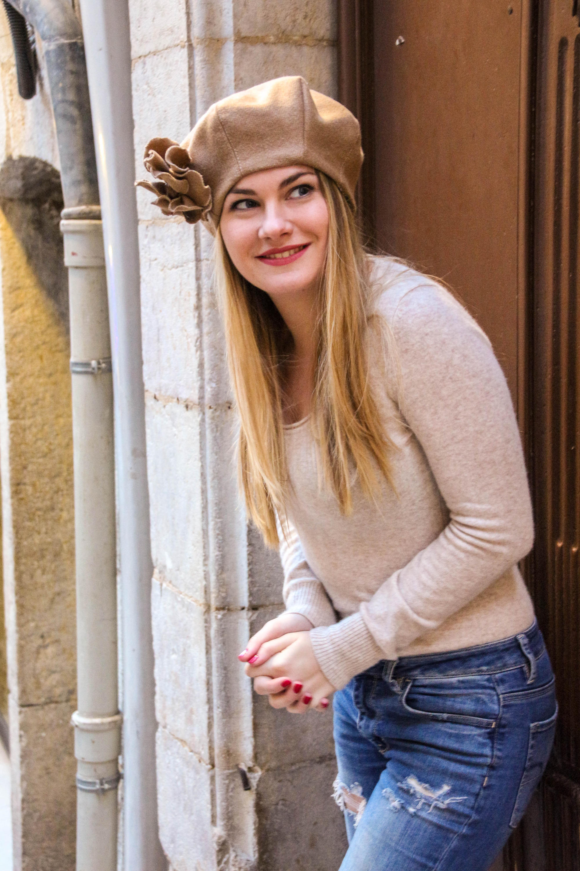 Beige Wool Beret With Fabric Flower - Handmade French Hat - Etsy