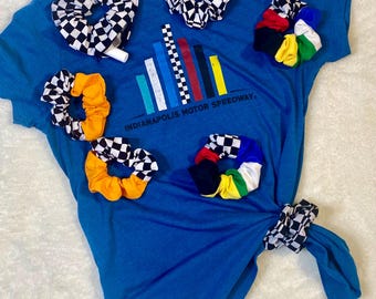 Indy 500 scrunchie, Arrow McLaren Racing, Papaya, Checkered flag scrunchie