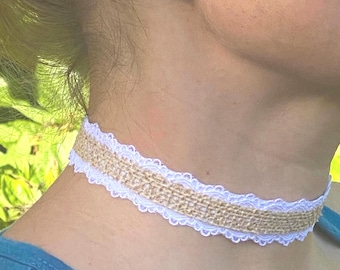 White Lace Lined Choker, Handmade Boho Necklace