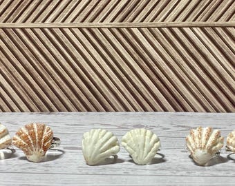 May include: Five seashell rings with varying patterns and colors are displayed on a light gray wooden surface. The shells have a natural, textured appearance, with shades of white, cream, and brown. The background features a wooden panel with diagonal lines.