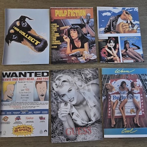 May include: A collection of vintage magazine advertisements. Featured are ads for "Pulp Fiction", "Guess", "Budweiser", and "1-800-COLLECT". The "Beavis and Butt-Head" ad is also visible. The ads are arranged on a neutral surface.