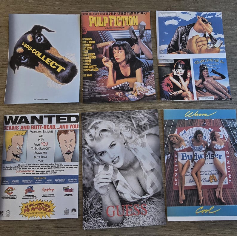 May include: A collection of vintage magazine advertisements. Featured are ads for "Pulp Fiction", "Guess", "Budweiser", and "1-800-COLLECT". The "Beavis and Butt-Head" ad is also visible. The ads are arranged on a neutral surface.