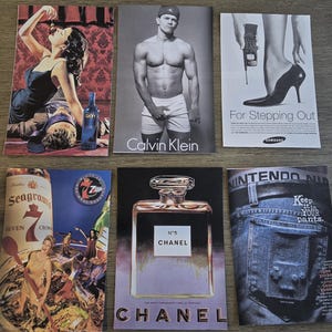 May include: A collection of vintage magazine advertisements. Featured ads include SKYY vodka, Calvin Klein, Chanel No. 5 perfume, and a Samsung ad with the text "For Stepping Out." Other ads promote 7 Up and Seagram's Seven Crown.