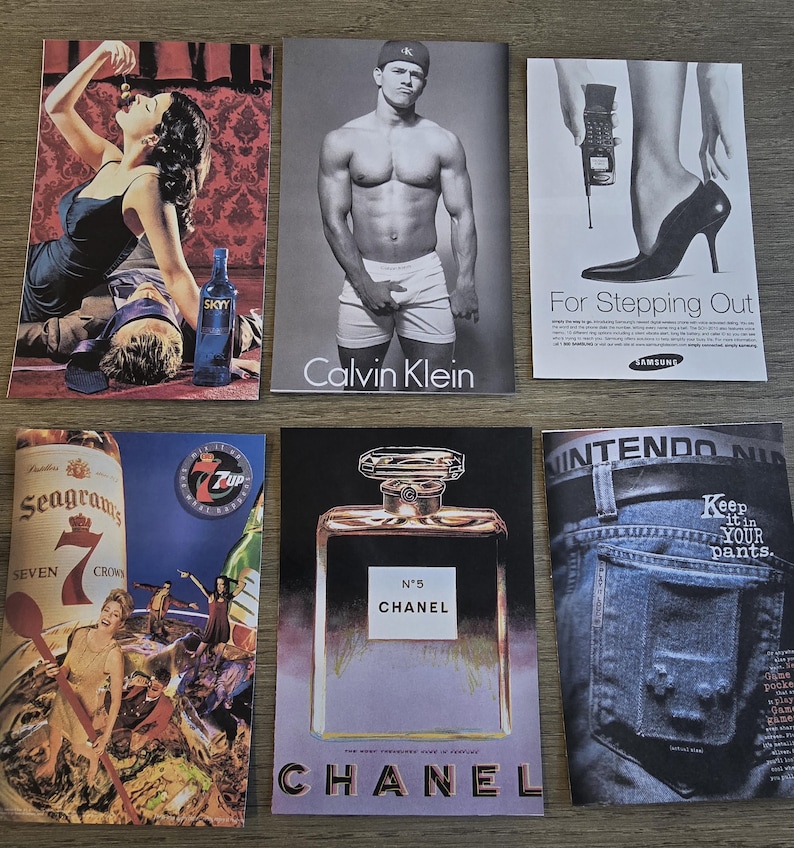 May include: A collection of vintage magazine advertisements. Featured ads include SKYY vodka, Calvin Klein, Chanel No. 5 perfume, and a Samsung ad with the text "For Stepping Out." Other ads promote 7 Up and Seagram's Seven Crown.