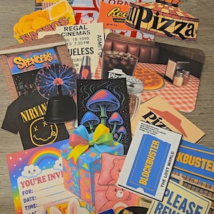May include: A collection of nostalgic paper cutouts, including a Blockbuster membership card, a Nirvana t-shirt, and pizza and popcorn graphics. The phrase "God, I miss these days...." is written at the top.