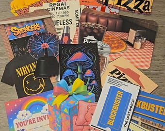 May include: A collection of nostalgic paper cutouts, including a Blockbuster membership card, a Nirvana t-shirt, and pizza and popcorn graphics. The phrase "God, I miss these days...." is written at the top.
