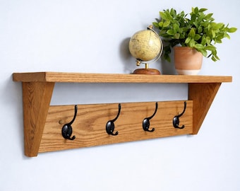 Solid Oak Coat Rack with Shelf, Modern Farmhouse Entryway Organizer, Black Iron Hooks
