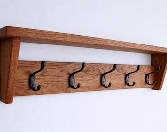 Hardwood Shelf with Hooks for Entry Way, Hallway, or Closet