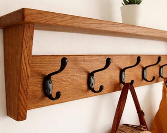 Wood Coat Rack Shelf – Choose Stain, Mocha Special Walnut Natural Oak, Entryway Hooks, Wall Mounted Organizer, Farmhouse Rack