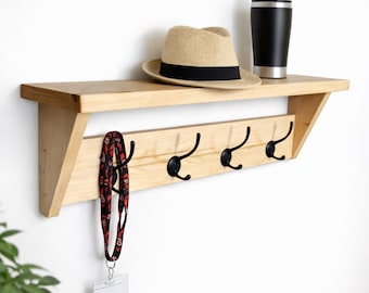 Wood Coat Rack with Shelf, Entryway Organizer with Hooks, Farmhouse Wall Mounted Coat Rack, Rustic Key Holder Shelf