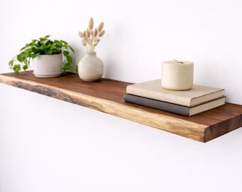 Black Walnut Floating Shelf – Live Edge Shelf with Sapwood Edge | Solid Wood Wall Shelf | Modern Rustic Decor