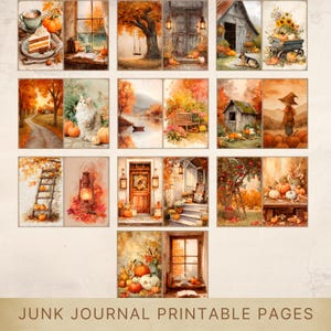 May include: A collection of twenty-one rectangular autumn-themed printable pages for junk journals, featuring watercolor illustrations of pumpkins, rustic barns, cozy windows, fall foliage, lanterns, and harvest scenes with the text JUNK JOURNAL PRINTABLE PAGES.