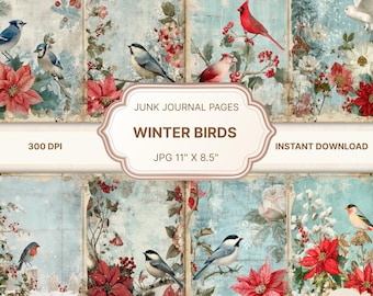 Vintage vinterfåglar skräpjournal, vinterfågel Ephemera, vinter digitalt papper, fågel Scrapbooking, skräpjournal Folio, jul skräpjournal