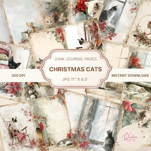 Puede incluir: Un collage de páginas de diario basura de estilo vintage con ilustraciones en acuarela de gatos en entornos navideños. Las páginas incluyen imágenes de gatos cerca de flores de pascua, chimeneas y ventanas. El texto de la imagen dice "Junk Journal Pages Christmas Cats JPG 27,9 cm x 21,6 cm Descarga instantánea."
