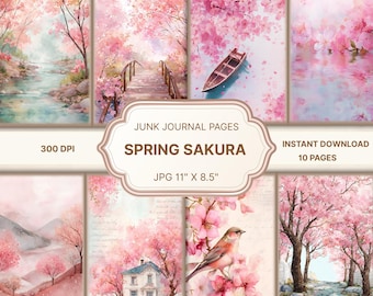 Journal sakura, pages sakura printanières, papier floral de scrapbooking, journal floral indésirable, journal botanique, éphémères printaniers, feuilles de collage de fleurs