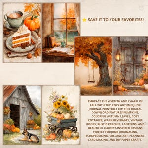 May include: A digital printable kit featuring autumn-themed illustrations including pumpkins, a slice of cake, a window view, a tree with a swing, a rustic barn, a dog, and a wagon with sunflowers. Text includes SAVE IT TO YOUR FAVORITES and a description.